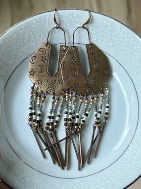 Celestial Brass Boho Chandelier Earrings Moon & Stars Beaded Fringe